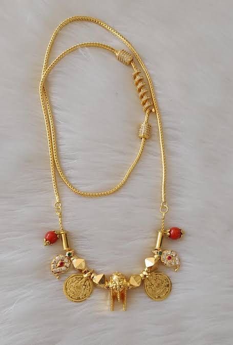 Thali Chains Gold Latest Models, Thali Kodi, Thali Chain, Latest Gold Ring Designs, Pink Blouse Designs, Long Blouse Designs, Fortune Cards, Mangalsutra Chain, Baby Ganesha