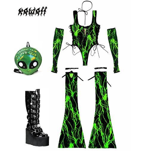 Our Twilight Set 💚🌩️Available at shaykawaii.com #rave #festival #grunge #festivaloutfit #ravelook #outfitinspo #ravewear #fashion #festivalfit Rave Looks, Rave Fits, Steampunk Heart, Festival Outfits Rave, Outfits Rave, Rave Fashion, Rave Wear, Sewing Pattern Design, Festival Looks