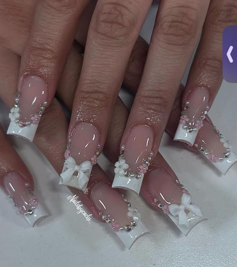 Bad Nails, May Nails, Girly Acrylic Nails, French Tip Acrylic Nails, Cute Acrylic Nail Designs, Nails Set, Really Cute Nails, Long Acrylic, Nails French