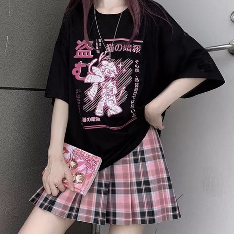 Camisetas de estética Harajuku para Mujer, camiseta Kawaii con estampado de gato Ninja, ropa urbana negra para pop Coreano, Tops informales elegantes para Mujer _ - AliExpress Mobile Yami Kawaii Fashion, Egirl Fashion, Pastel Goth Fashion, Alt Outfits, Harajuku Outfits, Kawaii Fashion Outfits, Swaggy Outfits, Alternative Outfits, Goth Outfits