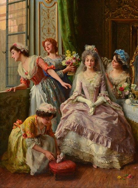 Federico Andreotti  (1847-1930)  —   Awaiting the Bridegroom   (1600x1282) Era Victoria, Rococo Art, Victorian Paintings, Romantic Paintings, Rennaissance Art, Period Dress, Historical Painting, Classic Paintings, Victorian Art