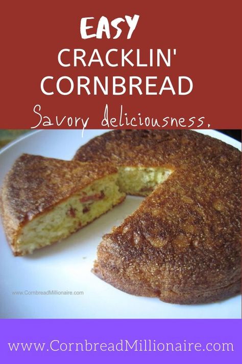 Savory.  Well seasoned crust.  Delicious.  Fried pieces of pork (aka cracklings) baked in cornbread.  Easy to make with precooked packaged cracklings that are fried before adding to cornbread batter. Crackling Cornbread Recipes, Crackling Cornbread, Buttermilk Corn Muffins, Cracklin Cornbread, Chitterlings Recipe, Colorful Corn, Chicken Leg Quarter Recipes, Cornbread Biscuits, Jiffy Cornbread Recipes