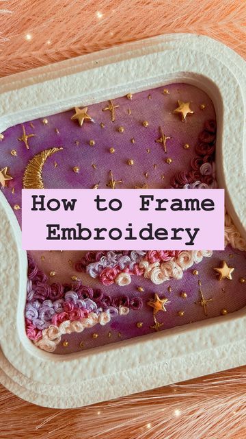 Erin Alyssa • Embroidery Artist + Author on Instagram: "🦋✨ Steps to Frame Embroidery: 

1. Stitch your masterpiece! Once done, remove from frame and trim edges around design about an inch and a half from where the design stops.

2. Set aside the embroidered art, and find a piece of stiff board or cardboard. Take the backing of the picture frame and trace a template that you will cut out. Cut the cardboard piece slightly smaller than the picture frame backing to leave ample room for the fabric that will wrap around it.

3. Place the cardboard on the back of your design and line it up to the design perfectly. 

4. Begin to stitch up the back in a “corset style”. I use 6 strands of thread in a colour similar to the fabric, and a larger needle to help me pull it through easily. Be sure not to Picture Frame Backing, Place Picture, Frame Embroidery, Trace A, Framed Embroidery, Embroidered Art, Knitting Techniques, Corset Style, 2 Set