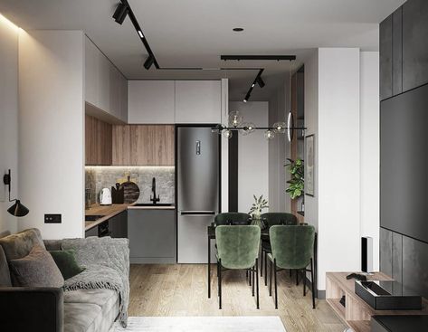 Contemporary Loft, Small Apartment Interior, Kitchen Room Design, Design Del Prodotto, Black Kitchens, Apartment Interior, Apartment Design, Decoration Design, Apartment Living