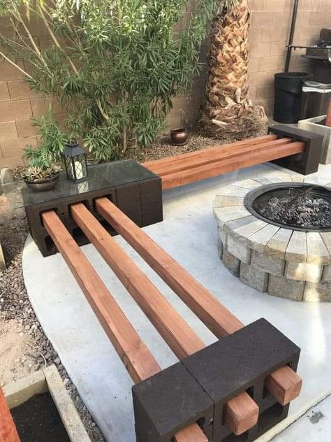 Dreams Home & Garden | DIY Concrete Block Bench | Facebook Concrete Block Bench, Rustic Fire Pit Ideas, Diy Patio Bench, Rustic Fire Pit, Cinder Blocks Diy, Yard Benches, Cinder Block Furniture, Cinder Block Bench, Cinder Block Fire Pit