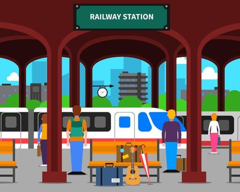 Railway station illustration Railway Station Illustration, Train Cartoon, Graphic Editing, Train Travel, Railway Station, A Train, Wallpaper Iphone Cute, Cartoon Illustration, Train Station