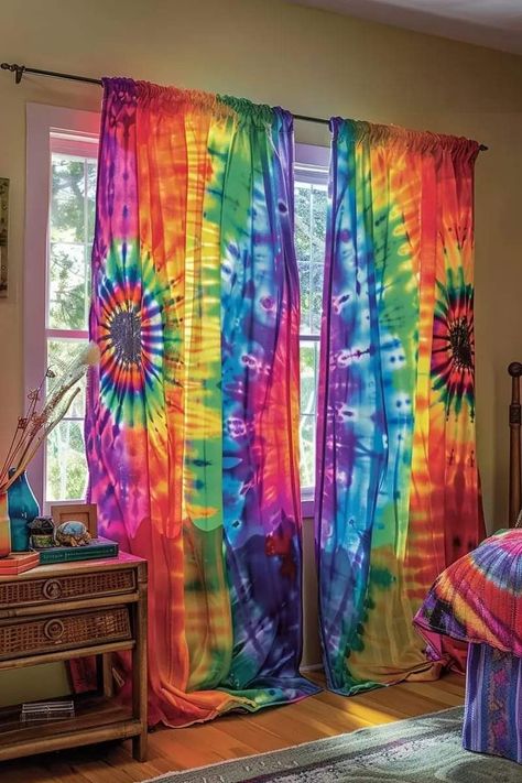 Tie Dye Bedroom, Tie Dye Curtains, Dye Curtains, Bedroom Curtain Ideas, Bohemian Style Interior, Bedroom Curtain, Crochet Curtains, Cultural Festival, Curtain Ideas