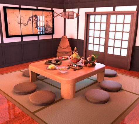 Senran Kagura Bon Appétit 🍣🍜 | Hydrangea on Patreon Sims 4 Japanese House, Japanese Tea Table, Japanese Tea Room, Japanese Table, Senran Kagura, Mod Furniture, Sims 4 Anime, Asian Furniture, Sims 4 Download