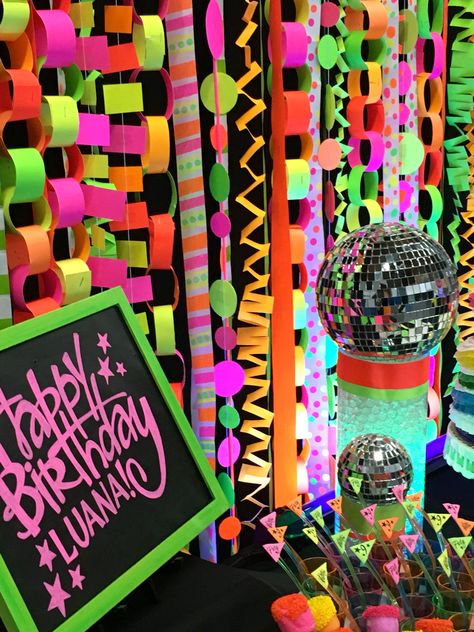 Retro Glow Party, Glow Night Decorations, 90 Prom Theme Party, 60s Theme Party Decorations Diy, 70s Theme Homecoming Float, Neon Theme School Dance, Decade Theme Party Decoration, Diy 80s Decorations Party, 80s Glow In The Dark Party Ideas