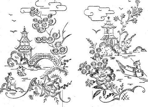 Chinese Flower, Asian Landscape, Fabric Print Design, Landscape Tattoo, Dress Painting, Color Drawing Art, Chinoiserie Motifs, Stencil Printing, Art Nouveau Illustration