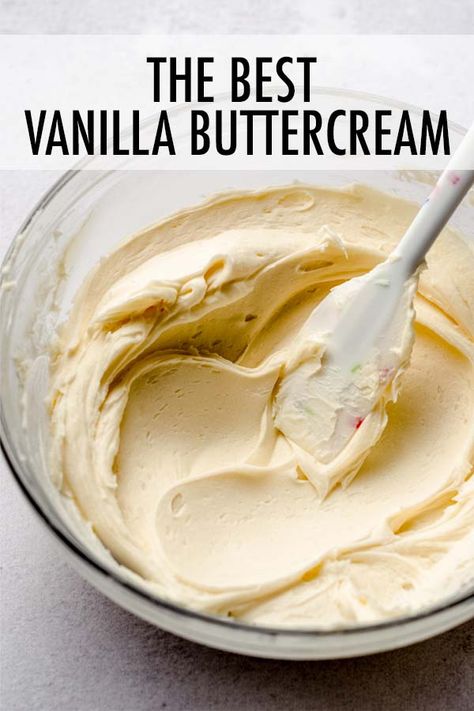 This American vanilla buttercream frosting recipe is delicate, creamy, perfectly sweetened, and so simple to make. via @frshaprilflours Buttercream Frosting For Cookies, Easy Vanilla Buttercream Frosting, Frosting For Cookies, Recipe For Cakes, Buttercream Frosting Recipe Easy, Vanilla Icing Recipe, Vanilla Buttercream Frosting Recipe, American Buttercream Recipe, Buttercream Recipes