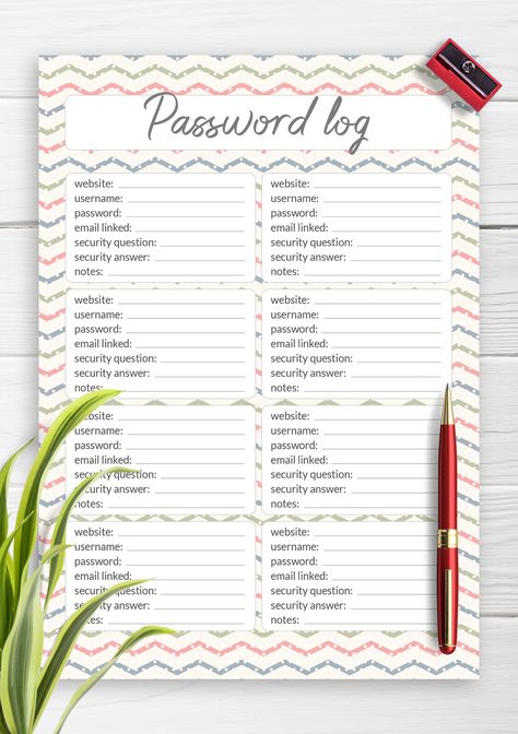 Stylish password tracker template with nice sections designed to help you store your passwords and usernames easily. Download and print at home to start using it today. Keep your passwords safe and organized in one place. Username Password Template, Password Ideas, Planner Pages Ideas, Pages Ideas, Free Planner Templates, Good Passwords, Organizing Life, Password Organizer, Diy Planner Notebook