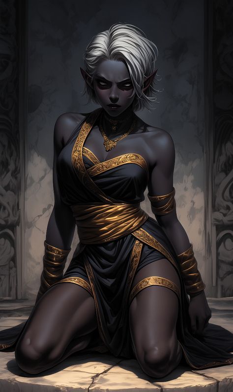 Dark Elf Sorceress, Female Drow Dnd, Dnd Maid, Dark Elf Woman, Female Drow, Drow Female, Mroczny Elf, Black Elf, Elf Characters