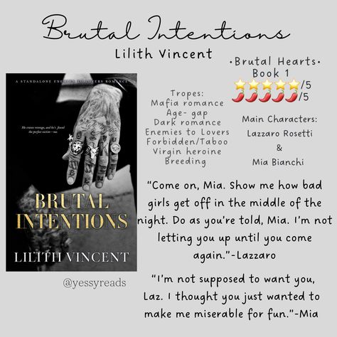 Dark Mafia Romance Book review please give credit if repost Breeding Romance Books, Brutal Intentions Book, Best Mafia Romance Books Wattpad, Dark Mafia Romance Books, Brutal Vows, Book Polaroid Poster, Lilith Vincent, Mafia Dark Romance, Book Reading Tracker