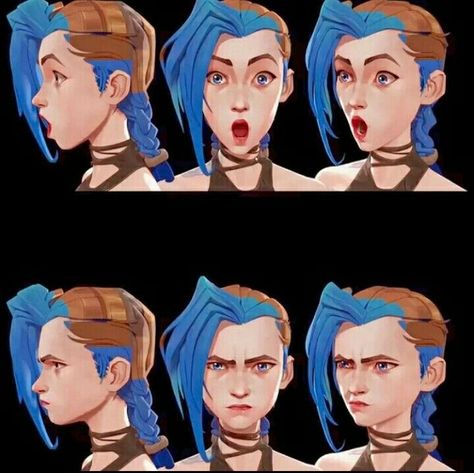 Jinx Reference Sheet, Arcane Facial Expressions, Jinx Expressions, How To Draw Like Arcane, Jinx Side Profile, Arcane Expressions, Jinx Face, Arcane Art, Expression Sheet