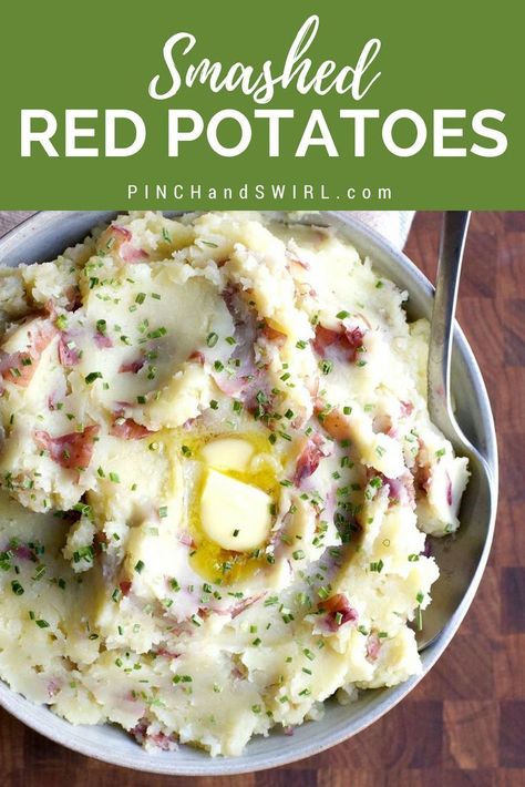 Smashed Red Potatoes with the perfect amount of garlic make an ideal side dish for Christmas or Thanksgiving and are healthy and easy enough to make any time! #mashedpotatoes #potatoes #holidayrecipes #smashedpotatoes #smashedredpotatoes #Thanksgiving #Christmas Thanksgiving Side Dishes Crockpot, Smashed Red Potatoes, Thanksgiving Recipes Side Dishes Easy, Thanksgiving Recipes Side Dishes Veggies, Christmas Potatoes, Mashed Red Potatoes, Thanksgiving Side Dishes Healthy, Recipes Easter, Best Thanksgiving Side Dishes