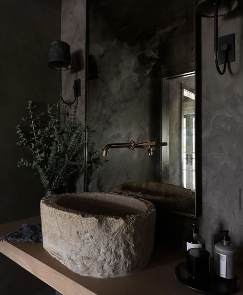 Moody Powder Room, Luxury Bathroom Inspiration, Concrete Effect Paint, Thirst Trap, Powder Room Design, Inspiration Photos, Stone Sink, Downstairs Bathroom, House Bathroom