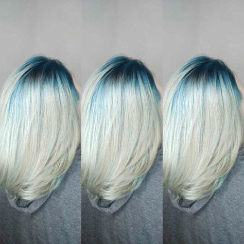 The end result of going from a red bayalage to this gorgeous platinum blonde with a custom teal root using redken city beats color! The process was long but so worth it! Teal Shadow Root, Teal Roots Blonde Hair, Red Bayalage, Bayalage Red, Hair Colour Trends, Shadow Roots, Dreamy Hair, Blonde Hair With Roots, Grey Blonde Hair