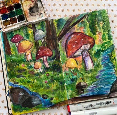 Toadstool Art, Mushroom World, Mushrooms Art, Artwork Aesthetic, Mushroom Forest, Easy Doodle Art, Sketchbook Art, Simple Doodles, How To Draw Hair