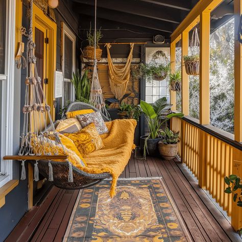 Captivating Bohemian Porch Inspiration in Sunny Yellow Yellow Patio Decor, Bohemian Front Porch, Industrial Jungle, Boho Front Porch, Rustic Porch Ideas, Bohemian Porch, Boho Porch, Dream Porch, Boho Backyard