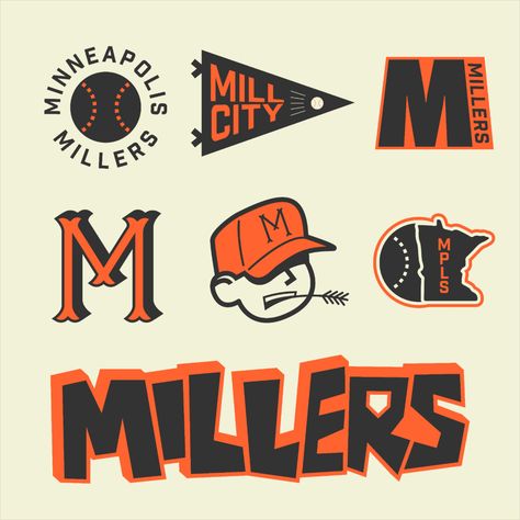 Branding concept for the Minneapolis Millers, a minor-league baseball team from the mid-1900s. Crafted by Minneapolis designer — Austin Miller Baseball Logos Design, Basketball League Logo, Vintage Baseball Logo, Baseball Branding, Basketball Branding, Baseball Graphic Design, Baseball Logo Design, Austin Miller, Typography Logos