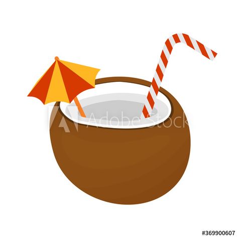 Coconut cocktail with striped straw and umbrella #AD , #cocktail, #Coconut, #striped, #umbrella, #straw Coconut With Straw, Coconut Seller Drawing, Coconut Water Illustration, Coconut Drinks In Shell, Coconut Vector, Garden Pots, Flyer Design, Straw, Umbrella