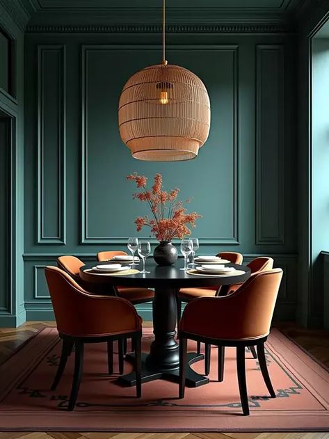 Elegant dining room featuring dramatic accent wall Teal Accent Wall Dining Room, Wall Paneling Dining Room, Black Accent Wall Dining Room, Room Painting Tips, Dark Moody Dining Room, Green Dining Room Paint, Navy Dining Room Walls, Dark Green Dining Room, Dramatic Accent Wall