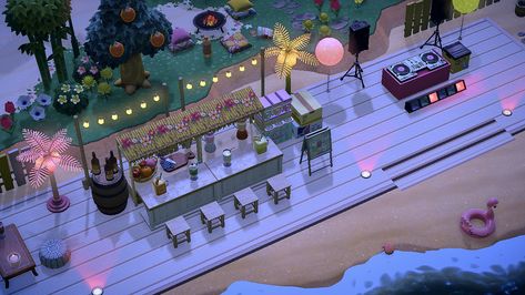 Acnh Beach Party Ideas, Animal Crossing Resort, Animal Crossing Bar Ideas, Anch Beach Ideas, Acnh Boardwalk Ideas, Animal Crossing Beach Bar, Animal Crossing Tiki Bar, Acnh Beach Bar, Animal Crossing Boardwalk