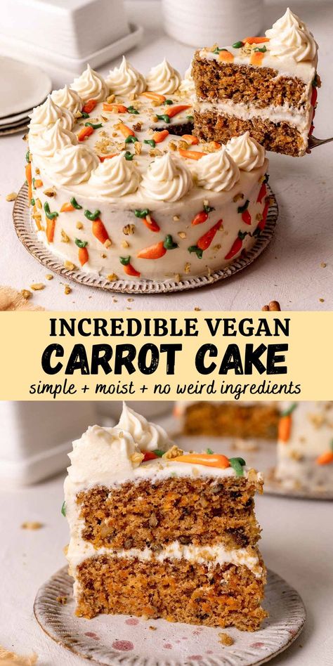 Fluffy and moist vegan carrot cake that is packed with warm spices and will melt in your mouth. This no-fuss cake uses only common pantry ingredients and is easy to make. Glutenfree Carrotcake, Best Vegan Carrot Cake, Banana Diaries, Thanksgiving Vegan, Christmas Vegan, Desserts Thanksgiving, Vegan Carrot Cake, Vegan Brownies, Desserts Christmas