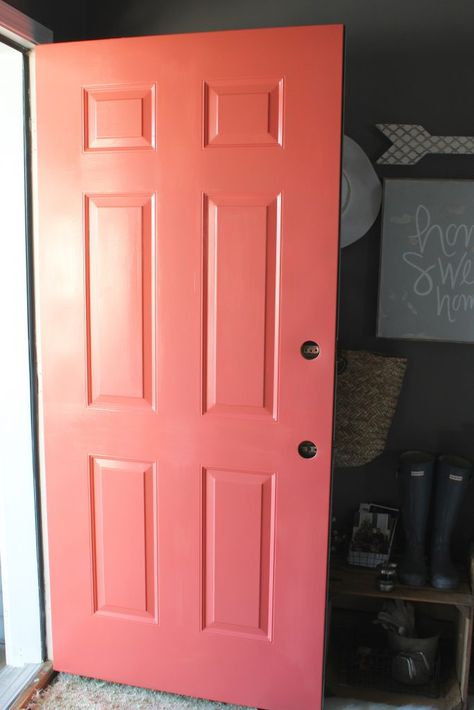 Front Door Makeover with DecoArt - Simple Cozy Charm Coral Red Front Door, Green House With Pink Door, Salmon Colored Front Door, Old Doors For Sale, Coral Front Doors, Bold Front Door Colors, Craftsman Style Front Doors, Best Front Door Colors, Solid Wood Front Door