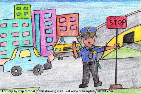 Traffic Policeman at Traffic Signal Scene Traffic Signal Drawing, Child Care Logo, Drawing Pictures For Kids, Colour Drawing, Drawing Competition, Drawing Lessons For Kids, Scene Drawing, Traffic Signal, Art Lessons For Kids