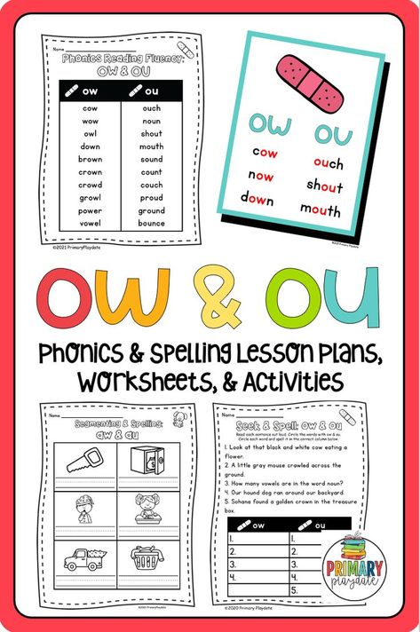 These ou ow activities for first grade include lesson plans and no prep printable activities are ready go! They come with an ou ow anchor chart, ou ow activities, and ou ow worksheets are included. They will blend phonemes with ow ou words, segment phonemes with ow ou words , and decode ow ou words with fluency. This ow ou reading resource will help your students with reading and spelling phonetically. Based on the science of reading principles. Ow And Ou Anchor Chart, Ou Ow Anchor Chart, Ow Anchor Chart, Ow Words, Ou Words, Activities For First Grade, Spring Themes, Spelling Lessons, Vowel Teams