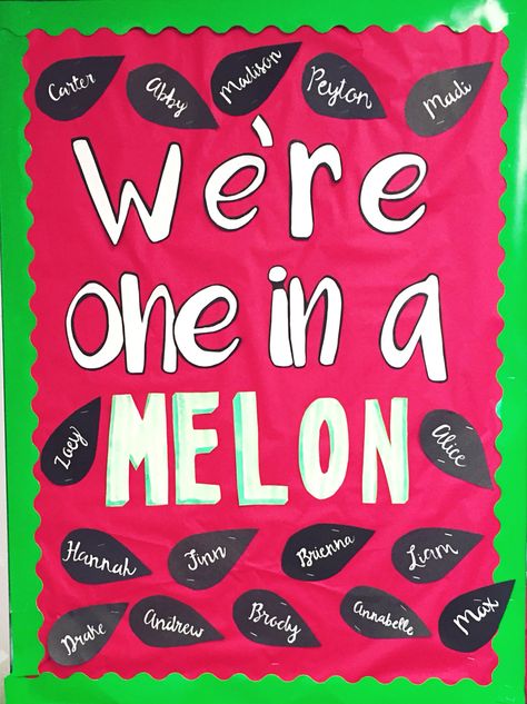 We're One in a Melon bulletin board, preschool, prek, summer, watermelon puns One In A Melon Bulletin Board, Preschool Bulletin Boards Summer, August School Bulletin Board, Summer Board Ideas Preschool, Watermelon Door Decorations Classroom, Summer Bulletin Boards For Toddlers, Summer Infant Bulletin Board Ideas, Summer Daycare Bulletin Boards, Summer Bulletin Boards For Daycare Easy