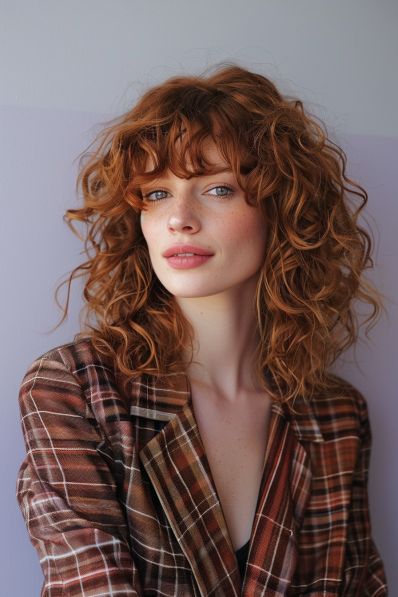 19  Haircuts For Curly Hair Fox Haircut Curly Hair, Haircuts For People With Curly Hair, Curly Wolf Cut With Curtain Bangs, Red Curly Hair With Bangs, Curly Red Hair Aesthetic, 2b 2c Haircut, Long Shag Curly Hair, Medium Length Curly Hair With Bangs, Medium Curly Haircuts With Bangs