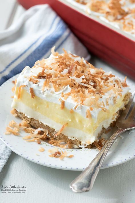 This Perfect Coconut Cream Lush Dessert Recipe recipe is light, creamy and filled with coconut deliciousness. It's a one-pan dessert that feeds a crowd and even has a no-bake crust option for those hot weather days. Coconut Cream Lush, Coconut Cream Dessert, Cream Desserts Recipes, Coconut Recipes Dessert, Lush Dessert, Lush Cake, Lush Recipes, Coconut Crab, Potluck Desserts