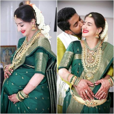 Seemantham Couple Photos, Godbharai Dress Indian, South Indian Maternity Photoshoot, Valagapu Photoshoot, Baby Shower South Indian, Seemantham Stills, Baby Shower Poses Indian, Seemantham Photo Poses, Valaikappu Photoshoot