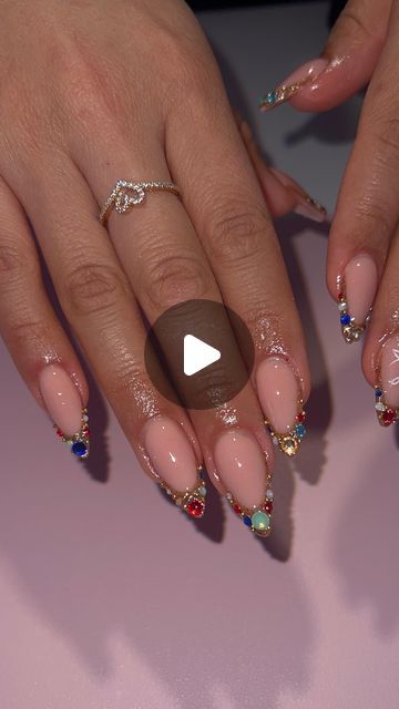 Bedazzle French Tip, Gem French Nails, Gemstone French Tip Nails, Gems On Nails Ideas, Nail Designs Not French Tip, Jeweled French Tip Nails, Jewel French Tip Nails, Rhinestone Nails French Tips, Almond Nails With Diamonds