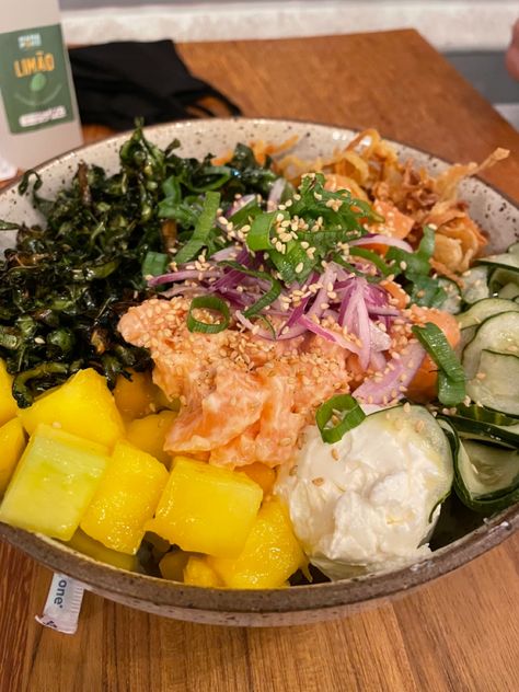 Poke bowl 
Salmon Poke Bowl Salmon, Salmon Mango, Cucumber Cream Cheese, Poke Bowl, Fried Onions, Japan Food, Cobb Salad, Onions, Cucumber