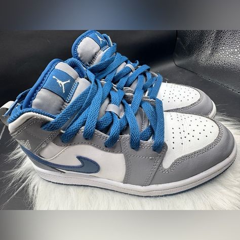 (LIKE NEW) Nike Air Jordan 1 Mid True Blue Cement Gray White Jordan 1 Grey, Blue Air Jordan 1, Blue Air, Nike Air Jordan 1 Mid, Cement Gray, New Nike Air, Nike Air Jordan 1, Air Jordan 1 Mid, Jordan 1 Mid