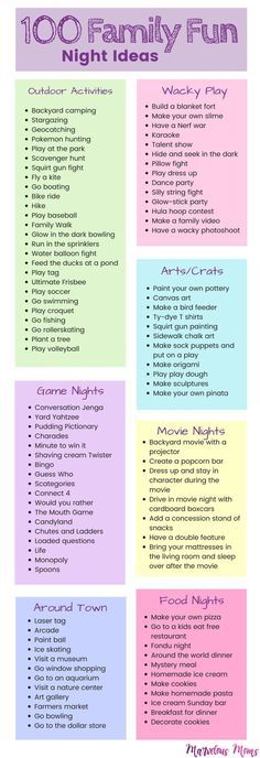 100 Family Fun Night Ideas | Kids activities | Playing with Kids | Activities for toddlers to teenagers | Free Family Nights | Outdoor activities | Movie Nights | Game Nights Family Fun Night Ideas Kids, Family Fun Night Ideas, Playing With Kids, Uppfostra Barn, Projek Menjahit, Fun List, Family Fun Night, Mind Maps, Family Night