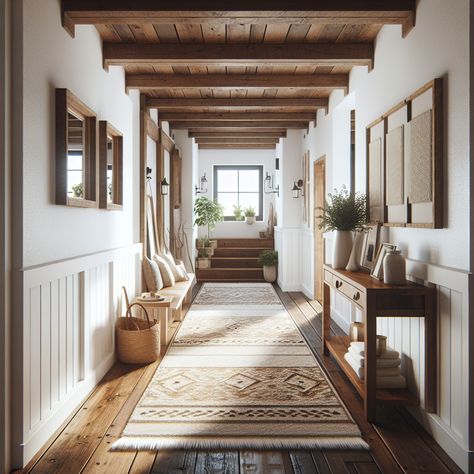 Craft an image of a modern cottage style hallway. There are rich, dark wooden floors, a luxurious hand-woven rug in neutral tones underneath, and rustic wooden beams overhead. On the sides, there are small tables with potted indoor plants and framed photos. There's a narrow polished wooden console table with a large mirror overhead, creating an illusion of increased space. Overall, it presents an appealing mix of modern and countryside charm, perfect for a remodeling inspiration. Cabin Hallway Ideas, Hygge Hallway, Long Hallway Entryway Ideas, Cozy Hallway, Entry Hallway Ideas, Hallway Decor Ideas, Farmhouse Hallway, Rustic Hallway, Colonial Cottage