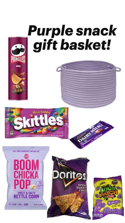 If you know someone who likes the Colour purple and snacks! Then they’re going to love this! Purple Gift Basket, The Colour Purple, Snack Gift Baskets, Snack Basket, Bestie Birthday, Snack Gift, Cadbury Dairy Milk, Kettle Corn, Purple Gift