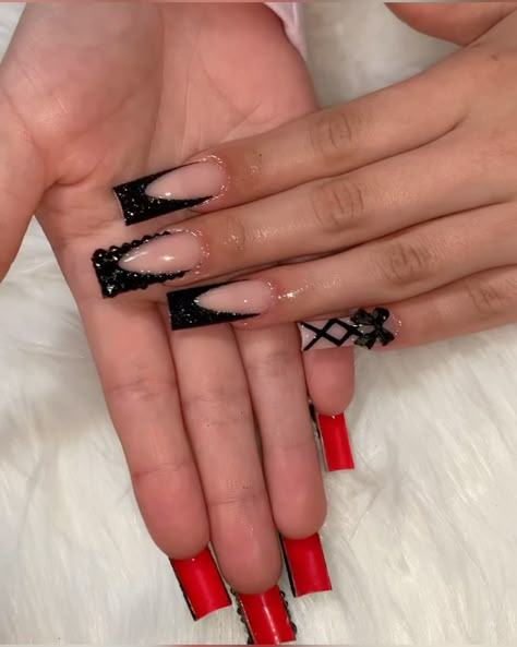 Nail Ideas Red Bottoms, Red Bottom Short Nails, Birthday Nails Red Bottoms, Pink Red Bottom Nails, Matte Black Red Bottom Nails, Black Red Bottom Nails With Rhinestones, Black Red Bottom Acrylic Nails, Birthday Nail Set Ideas Red, Red Bottom Nails Short