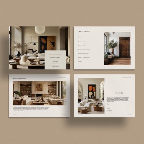 Transform the way you conclude your interior design projects with our meticulously crafted Goodbye Packet Template. Designed to seamlessly integrate with both Canva and Adobe InDesign, this 15-page template is an essential tool for modern interior designers. Impress your clients with a professional and polished final touch, saving you time while enhancing your brand's reputation. Architecture Firm Portfolio, Interior Design Lookbook, Architecture Brochure Design Layout, Interior Brochure Design, Interior Design Portfolio Cover Page, Portfolio Layout Ideas, Brochure Layout Design, Interior Architecture Portfolio, Architecture Template