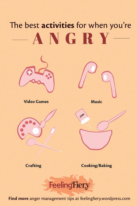 Dark text over a peach background reads "the best activities for when you're angry". Below are cartoons of a video game controller, airpods, and craft and baking supplies. The Feeling Fiery logo sits in the bottom middle of the infographic with text below it that reads "find more anger management tips at feelingfiery.wordpress.com. Anger Management Tips, Anger Management Activities, How To Control Anger, Women Tips, Suit Collection, Calming Activities, Video Game Music, Feeling Frustrated, Anger Management