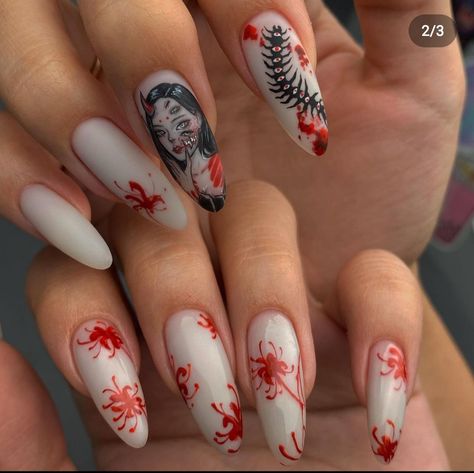 Red Spider Lily Nail Art, Japan Style Nails, Spider Lily Nail Art, Spider Lily Nails, Crazy Halloween Nails, Japanese Inspired Nails, Unusual Nail Designs, Japan Nail Art, Nail Sunny