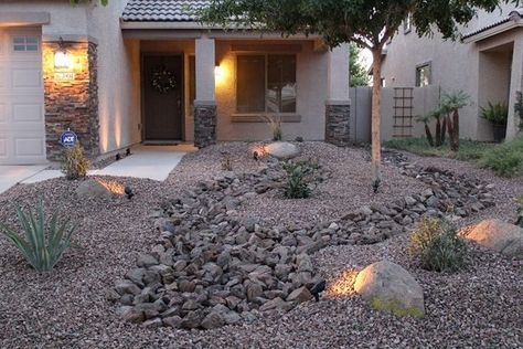 Desert Landscape Front Yard, Large Yard Landscaping, Desert Landscape Design, Low Maintenance Front Yard, Rock Yard, Cheap Landscaping Ideas, Rock River, Front Yard Design, River Bed