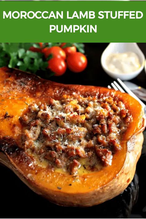 Moroccan Lamb Stuffed Pumpkin Butternut Pumpkin Recipes, Stuffed Butternut Squash Recipes, Lamb Mince Recipes, Ground Lamb Recipes, Stuffed Butternut Squash, Stuffed Butternut, Spiced Lamb, Stuffed Pumpkin, Stuffed Acorn Squash