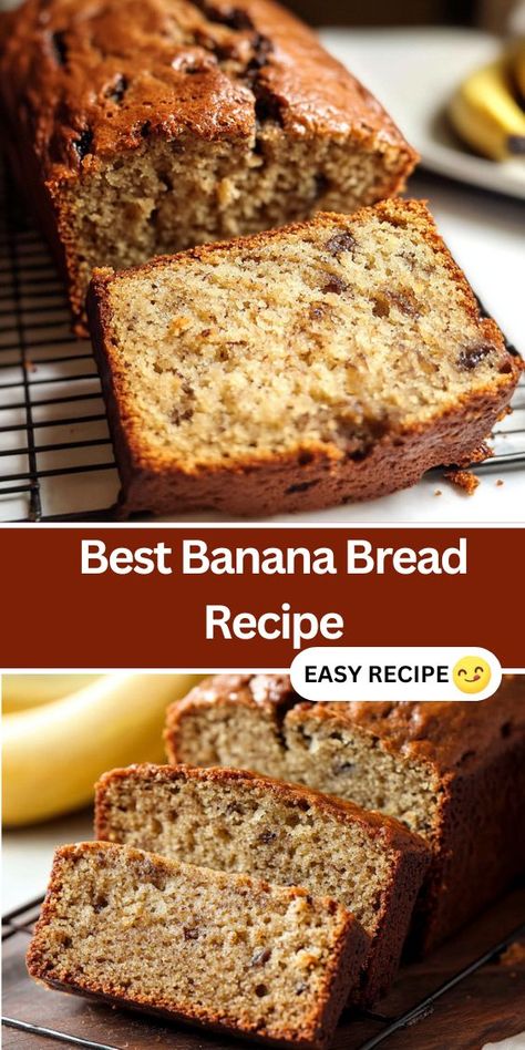 Try this easy and moist banana bread recipe, perfect for using up overripe bananas! Made with simple ingredients like mashed bananas, melted butter, and a hint of cinnamon, this classic banana bread is a favorite for breakfast, snacks, or dessert. Add chocolate chips or walnuts for extra flavor, and enjoy the soft, tender texture. Great for freezing and meal prepping, this homemade banana bread recipe will quickly become a family favorite. Cinnamon Banana Bread Recipe Easy, Banana Bread Recipe With Milk, Unbelievably Moist Banana Bread, Easy Moist Banana Bread Recipe, Banana Recipes Overripe Easy, Banana Bread Recipe Brown Sugar, 1 Banana Bread Recipe, How To Make Banana Bread, Easy Banana Bread Recipe 3 Ingredients