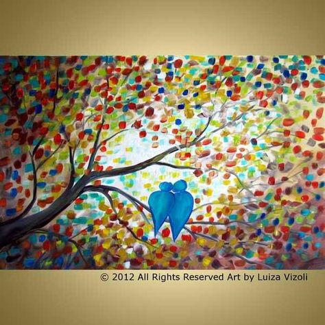 Art Paintings Of Love, Lovebirds Painting, Birds Artwork, Couples Night, Textured Turquoise, Fingerprint Art, Thumb Print, Fantasy Tree, Trees Landscape